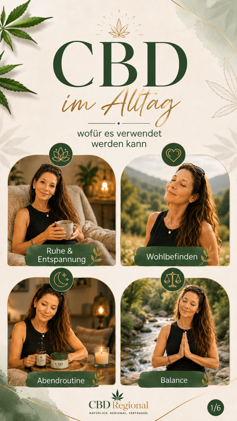 Werbeplakat „CBD im Alltag“ mit vier Fotos einer Frau, Pflanzen-Design und Kategorien Ruhee, Wohlbefinden, Abendroutine, Balance.