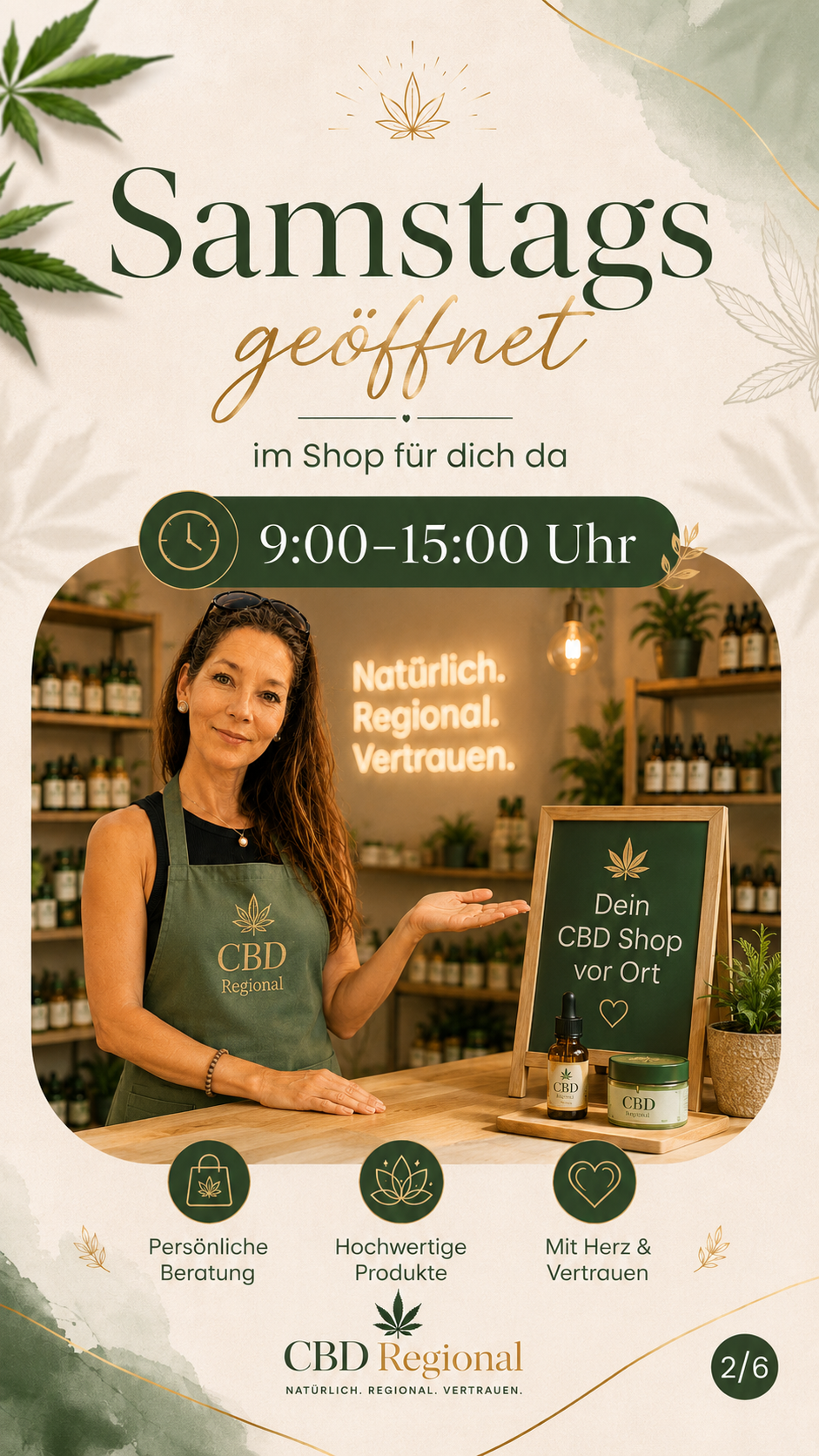 Frau im CBD-Shop hält Handfläche, präsentiert Produkte am Tresen, mit Werbetext und Zeitfenster 9:00–15:00.