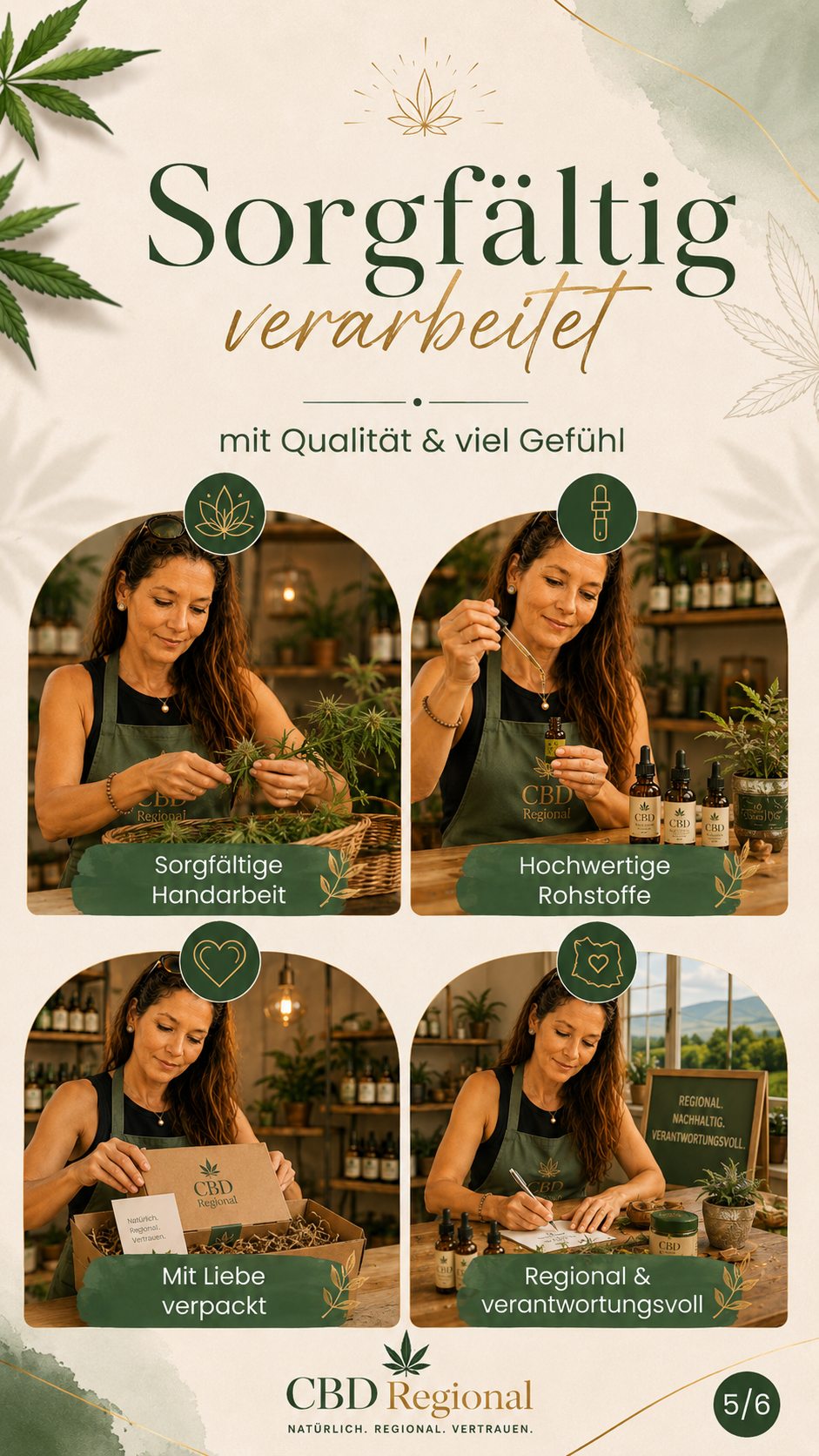 Werbeflyer „Sorgfältig verarbeitet“ mit vier Fotos einer Frau im CBD-Laden, Pflanzen und Flaschen.