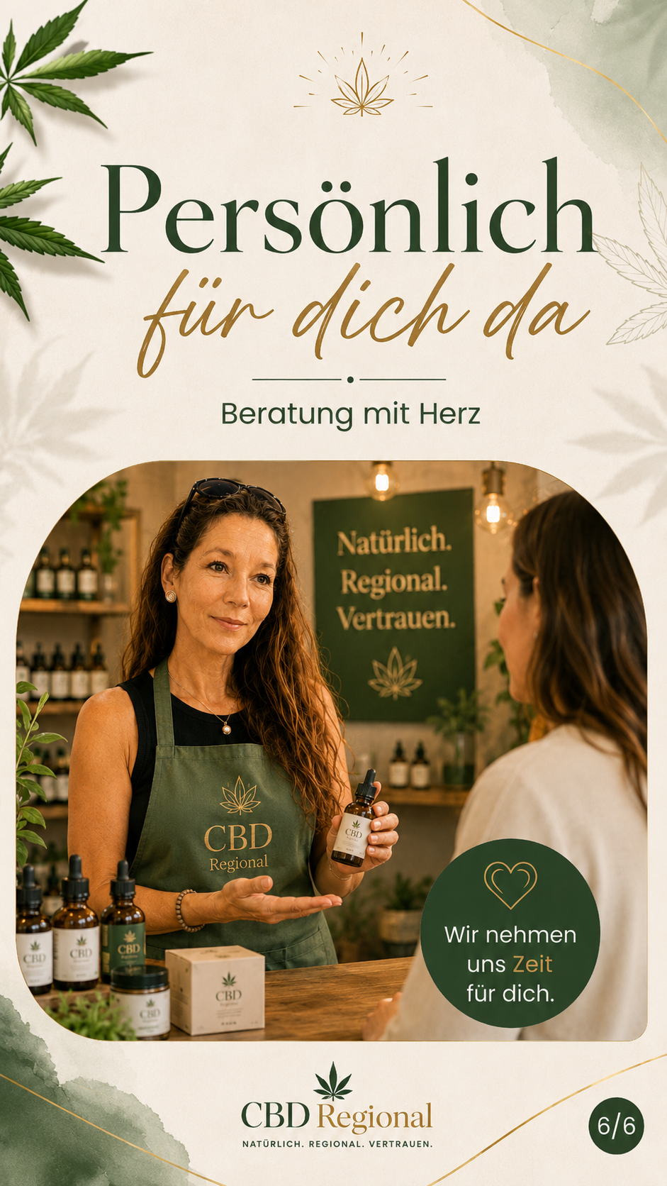 Frau im Laden hält CBD-Ölflasche, spricht mit Kundin; Text „Persönlich für dich da“.
