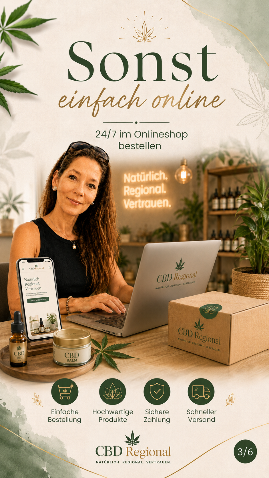 Frau sitzt am Tisch mit Laptop, Smartphone und CBD-Produkten; Werbeplakat „Sonst einfach online“.