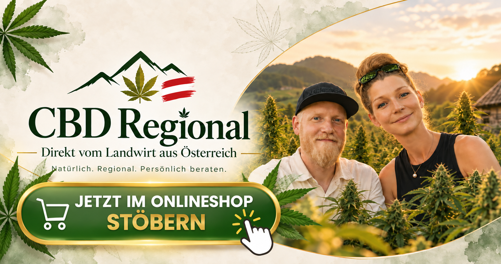 Werbebanner mit Produzenten in Hanffeldern, Berglandschaft im Hintergrund, Text „CBD Regional“ Direkt vom Landwirt und „Jetzt im Onlineshop stöbern“.
