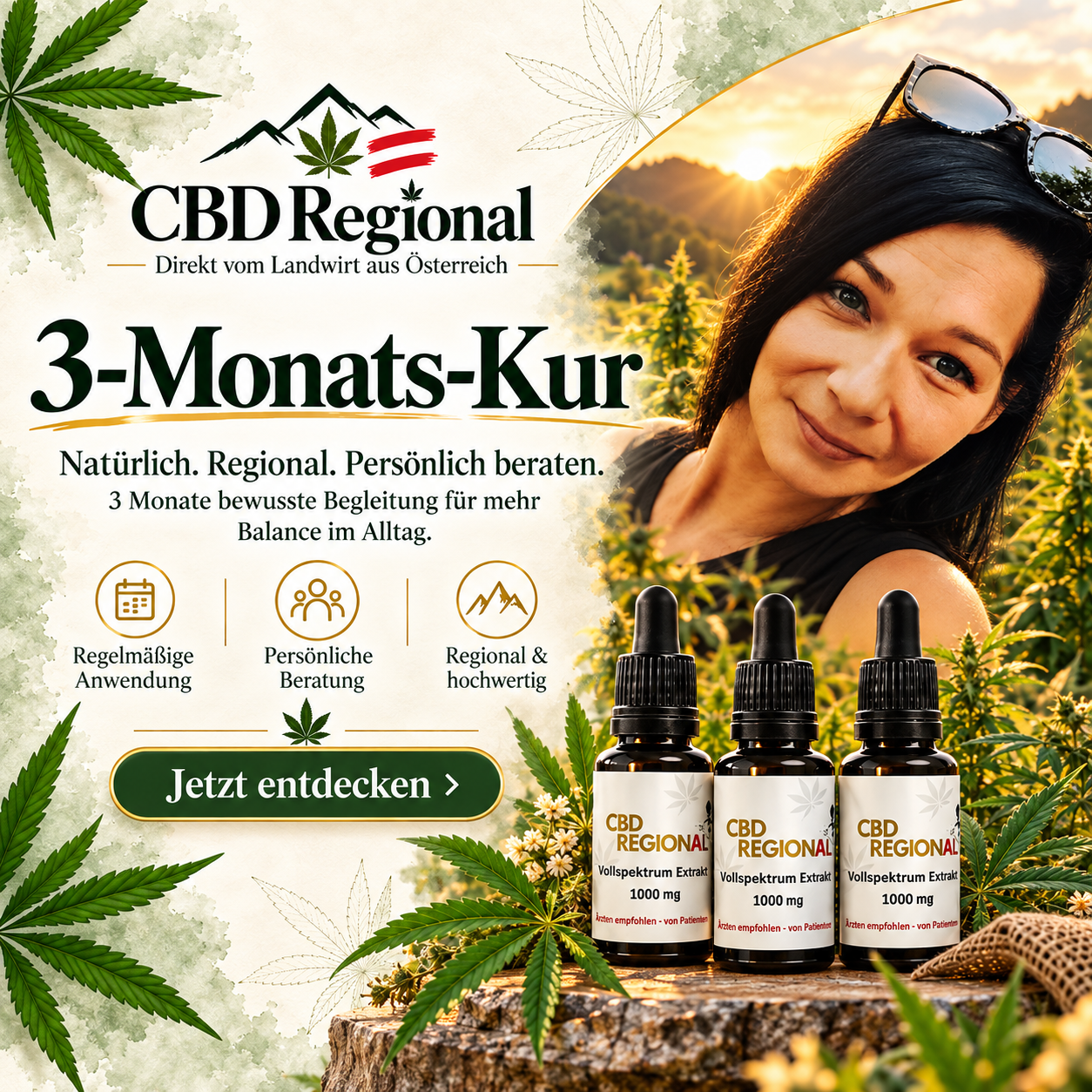 Werbebanner mit Kerstin, CBD-Logo, „3-Monats-Kur“ Text und drei CBD-Ölfläschchen vor Hanfblättern.